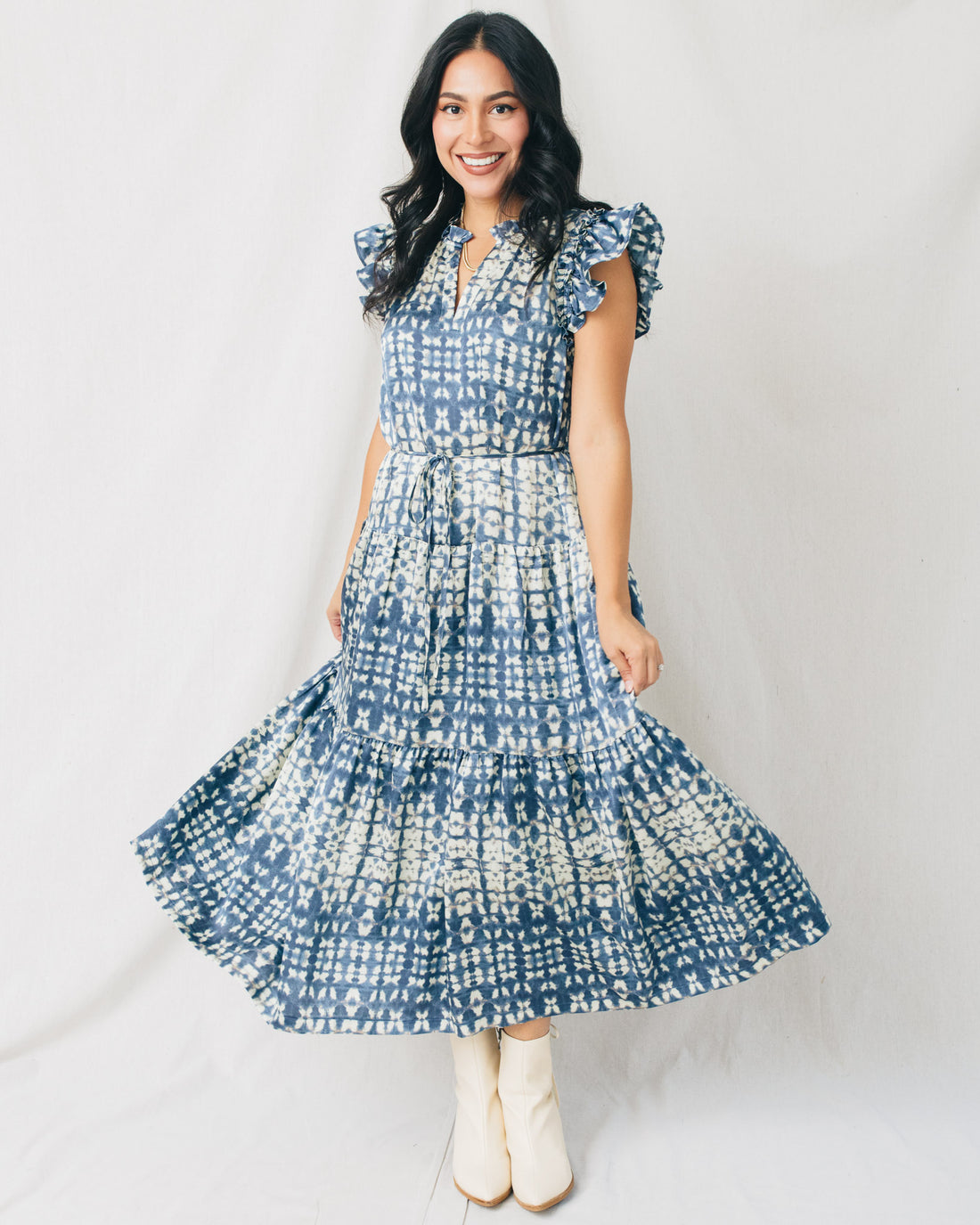 Laila Printed Tiered Self Tie Midi Dress