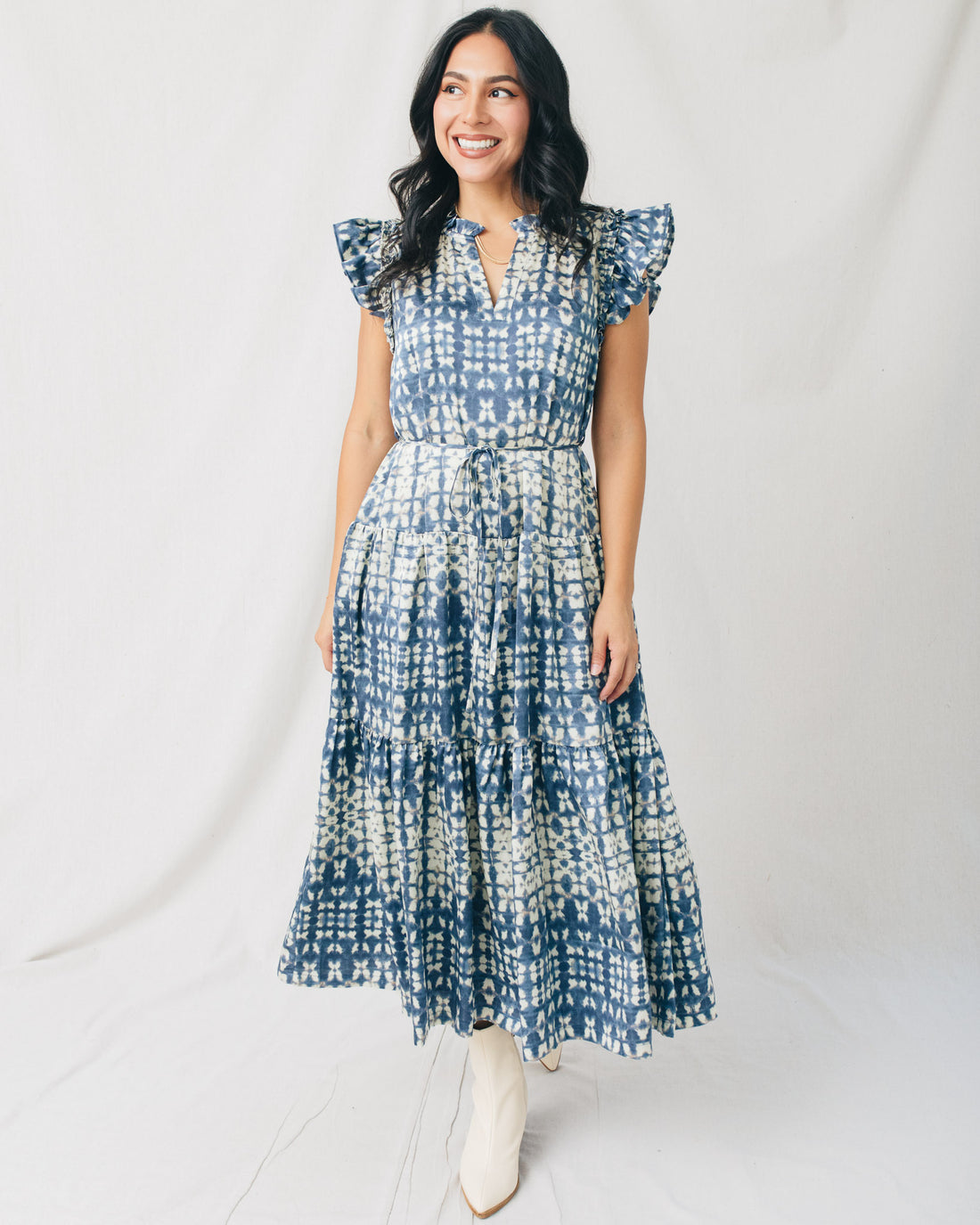 Laila Printed Tiered Self Tie Midi Dress