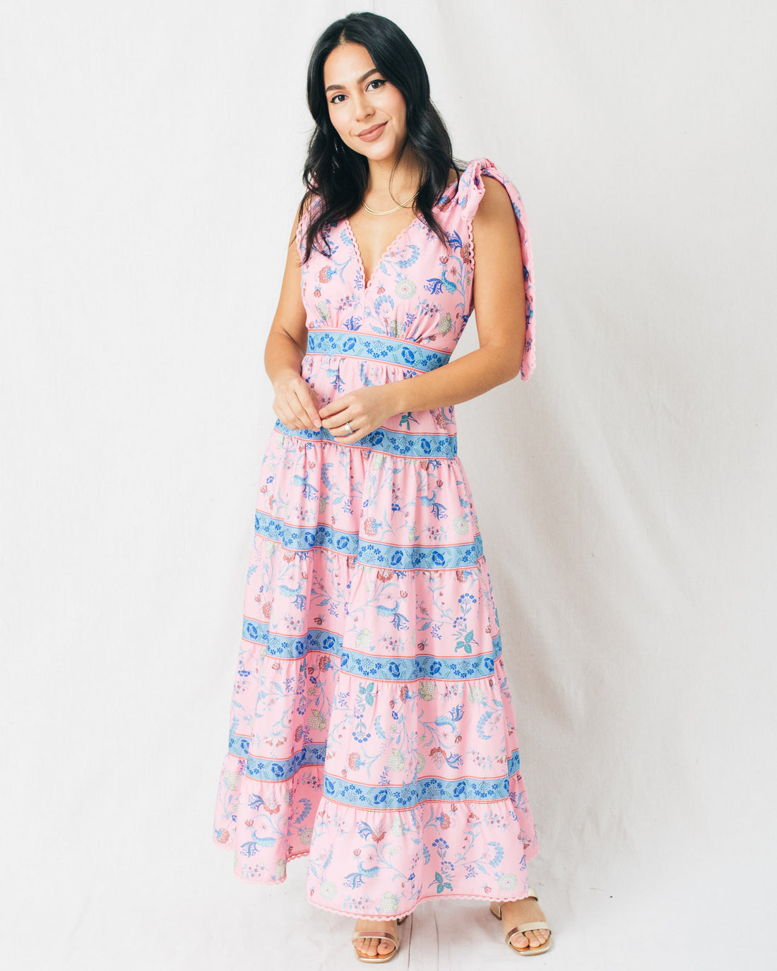 Chelsey Floral Print Shoulder Tie Tiered Midi Dress