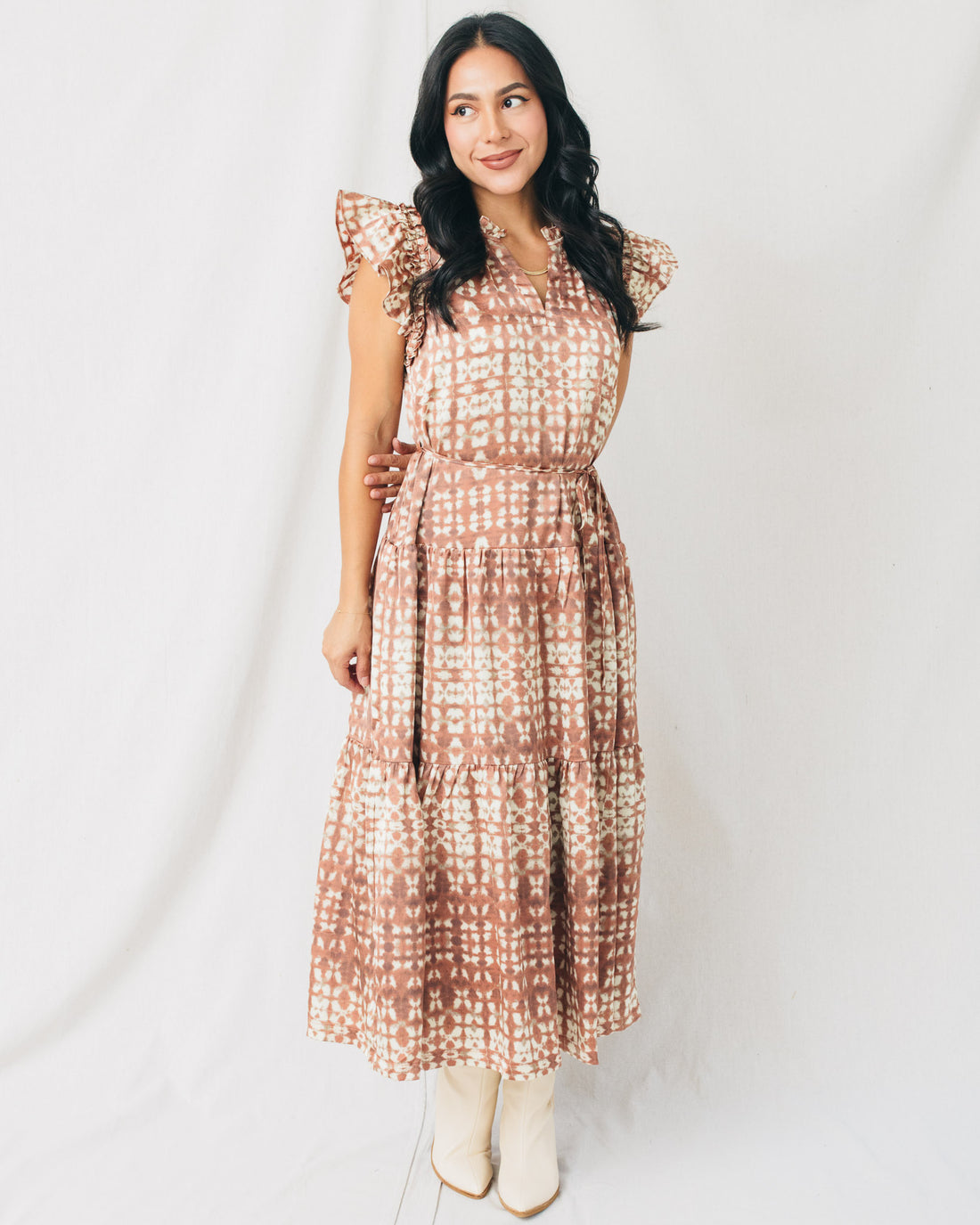 Laila Printed Tiered Self Tie Midi Dress
