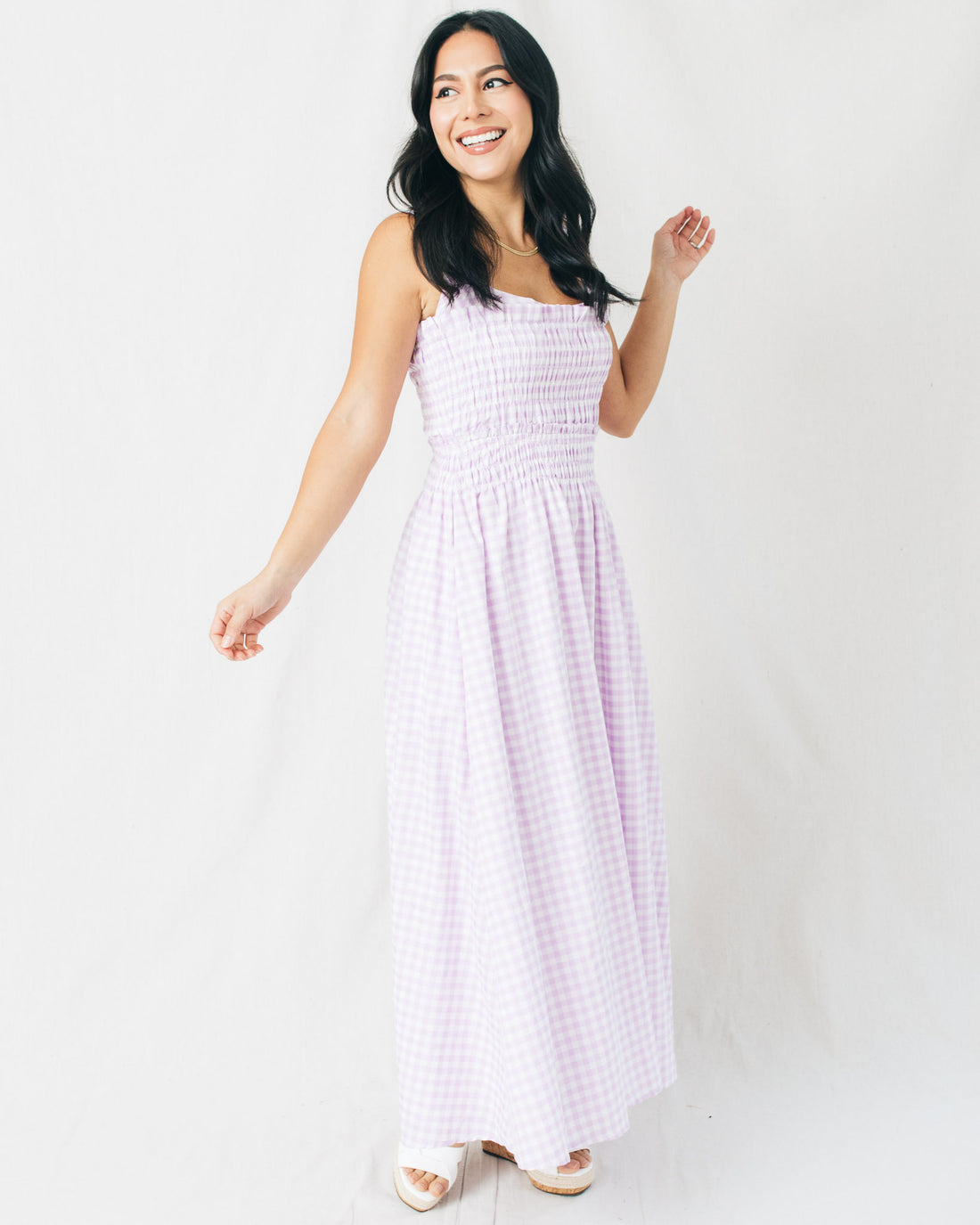 Kiri Gingham Smocked Bodice Midi Dress