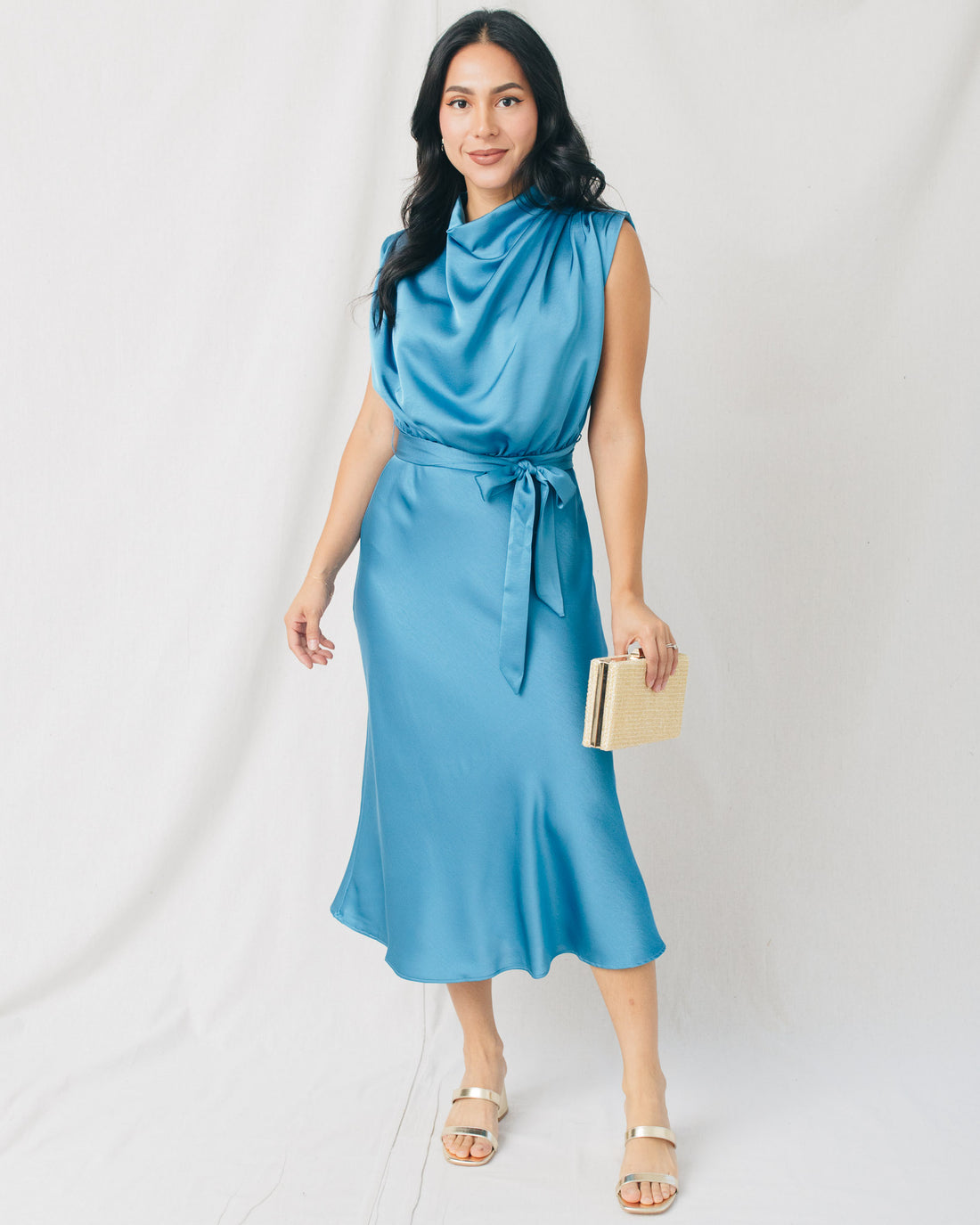 Vividly Mock Neck Belt Tie Midi Dress