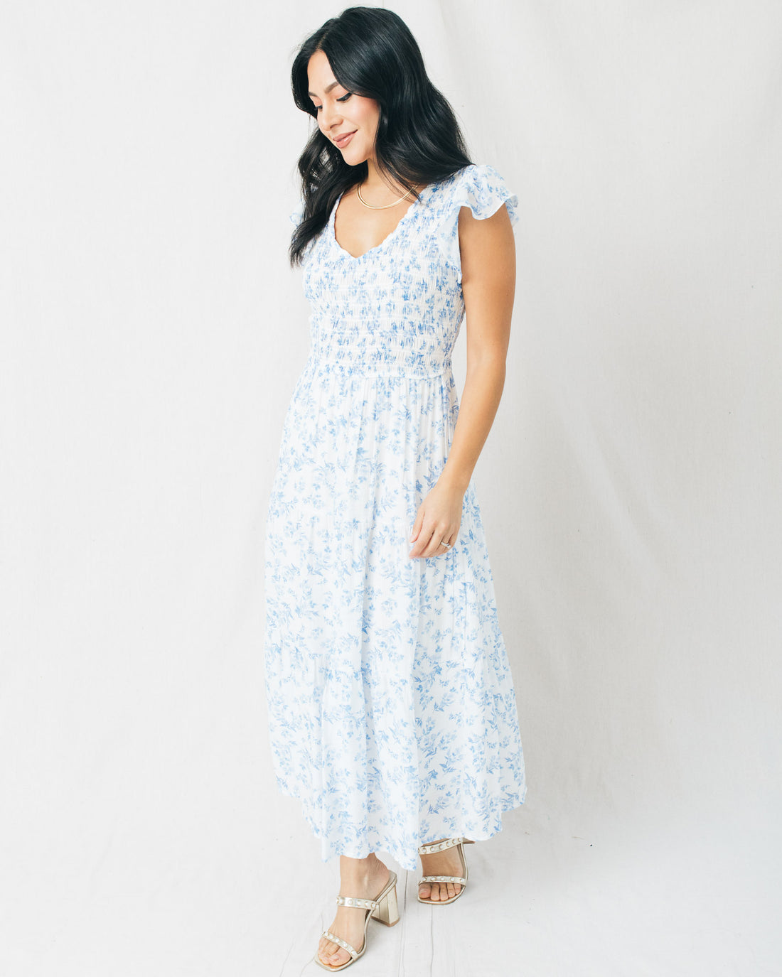 Easter Loving Floral V-Neck Smocked Top Tiered Midi Dress