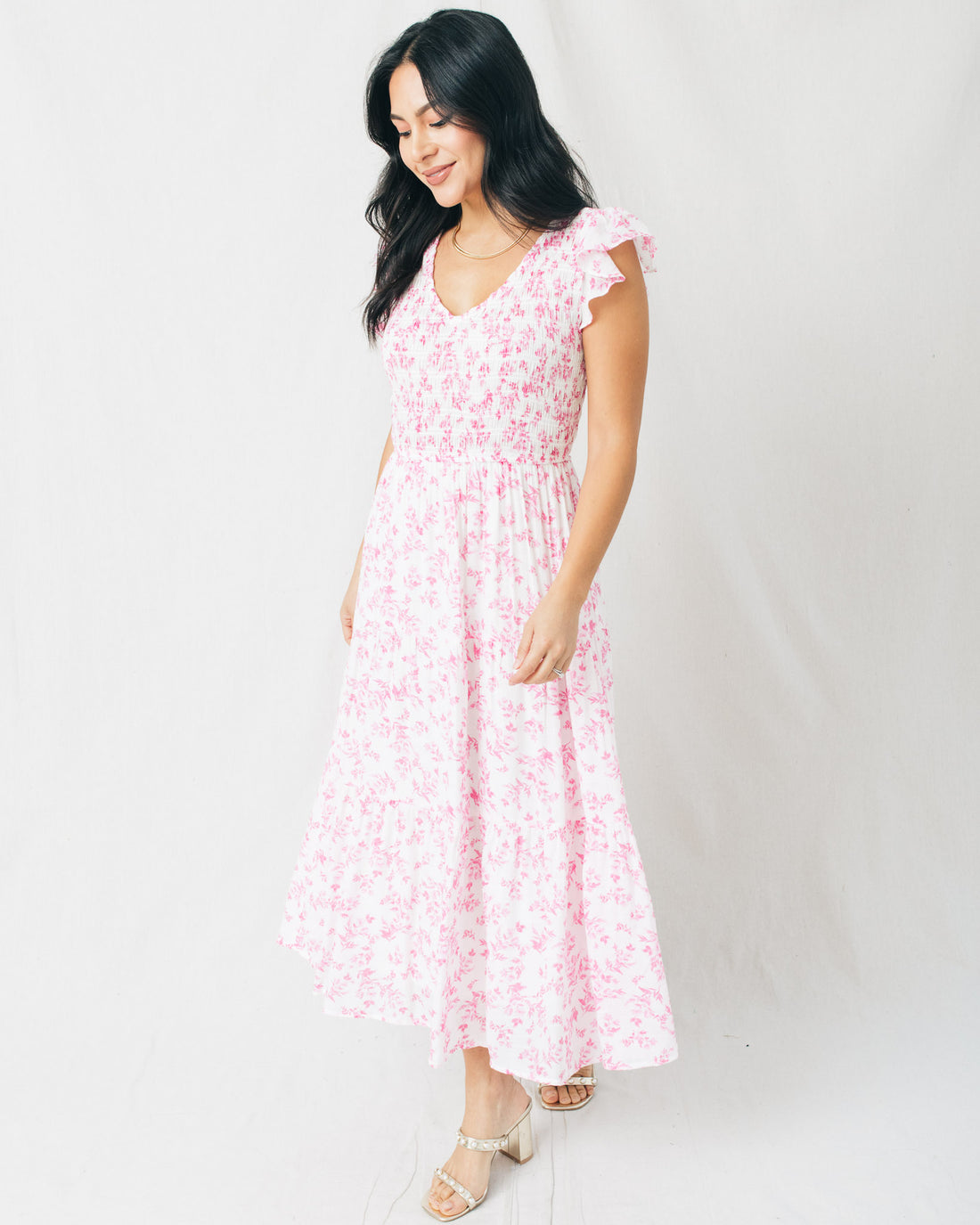 Easter Loving Floral V-Neck Smocked Top Tiered Midi Dress