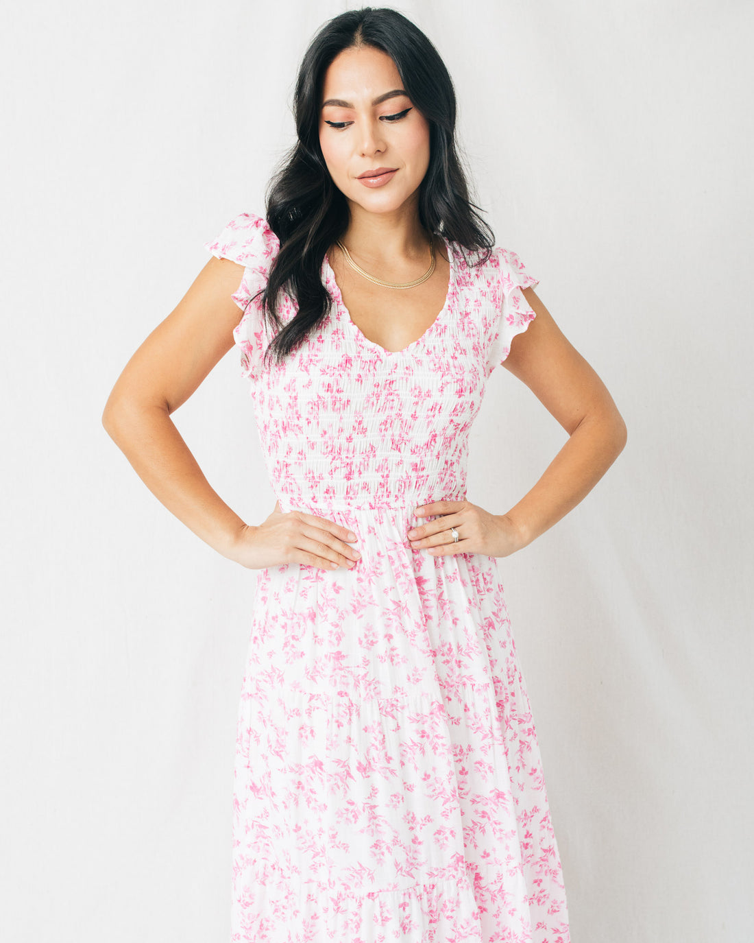 Easter Loving Floral V-Neck Smocked Top Tiered Midi Dress