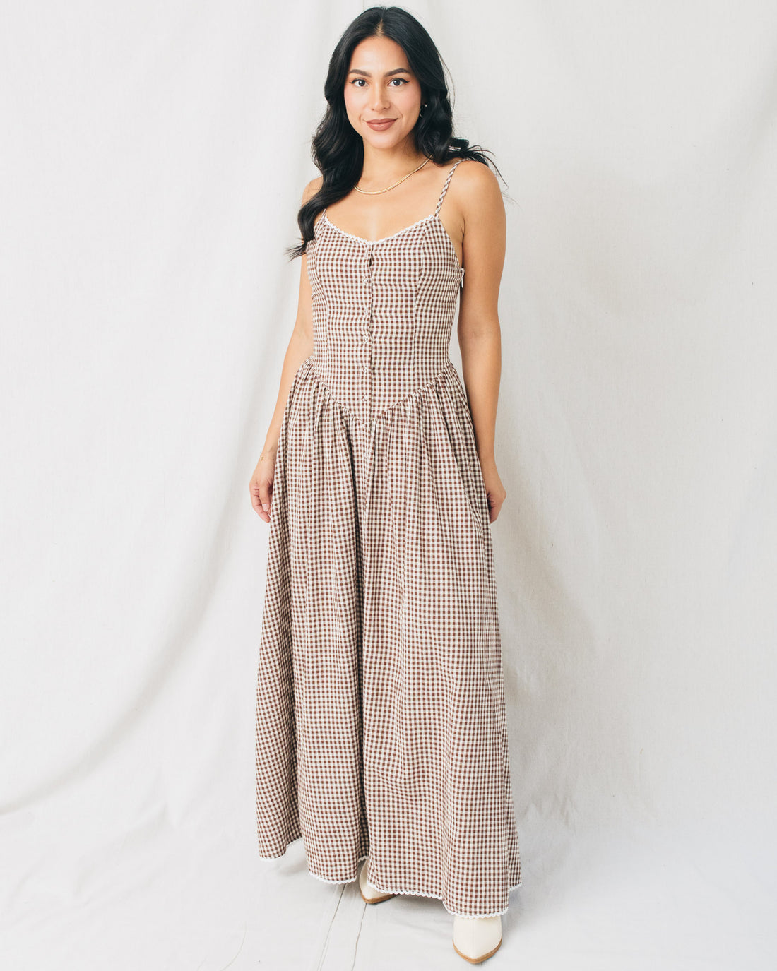 Old Times V-Neck Button Front Checkered Maxi Dress