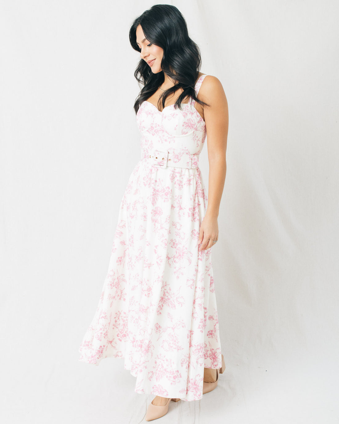 Abbie Floral Print Bustier Belted Midi Dress