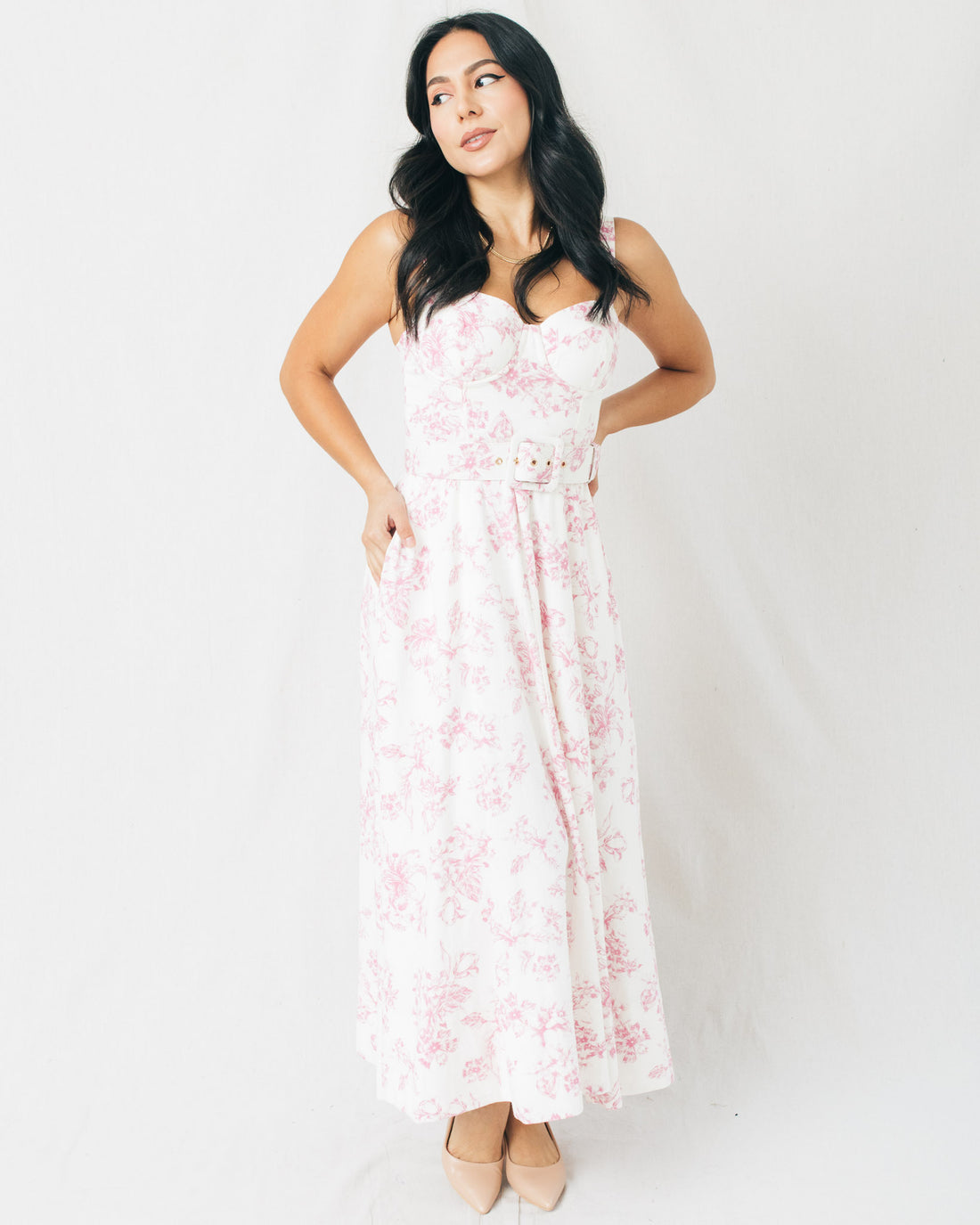 Abbie Floral Print Bustier Belted Midi Dress