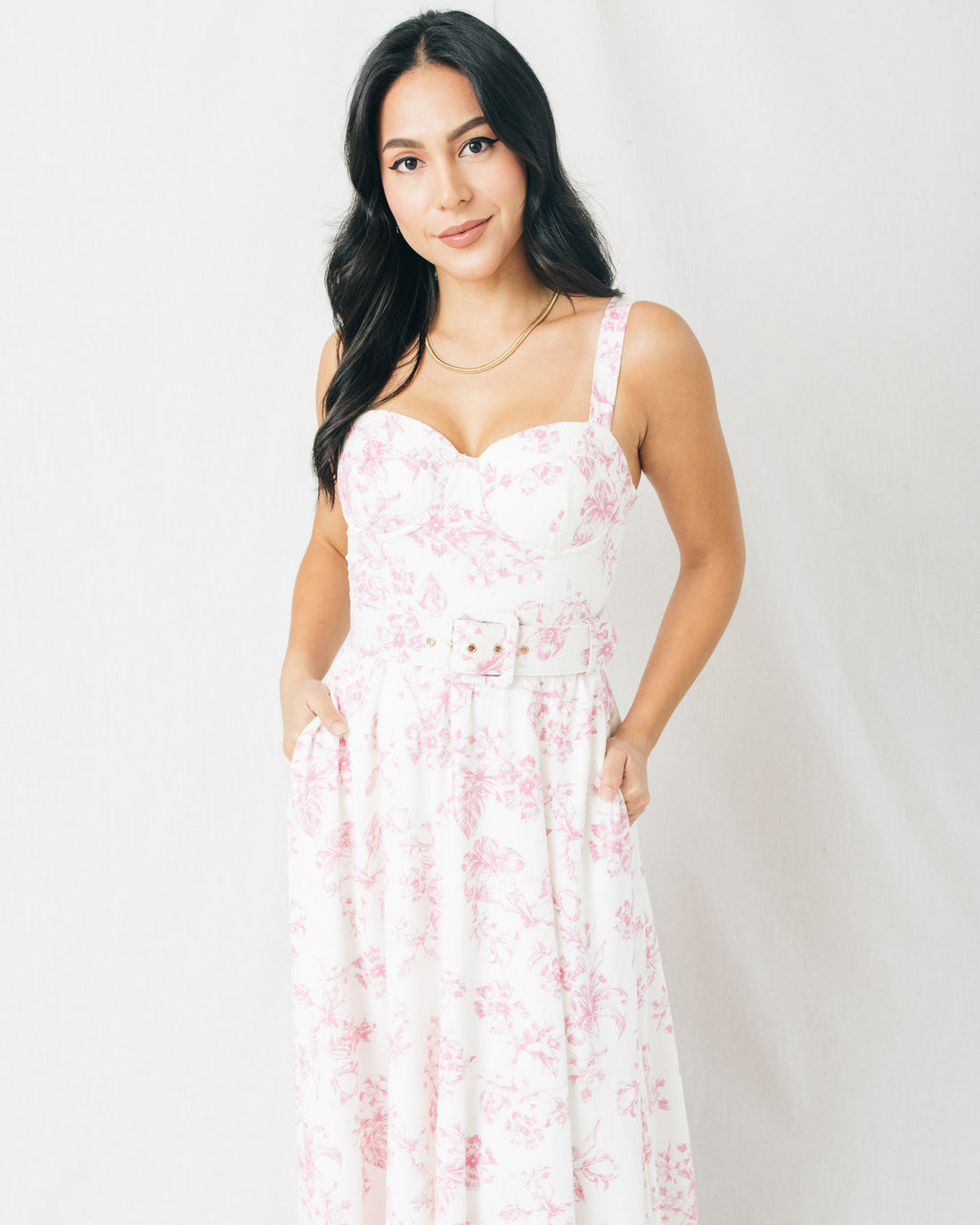 Abbie Floral Print Bustier Belted Midi Dress