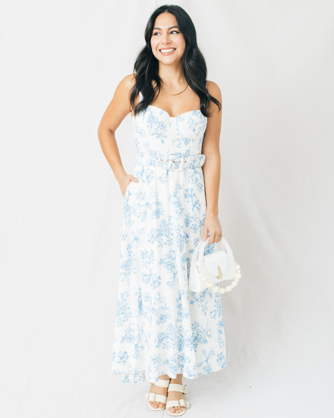 Abbie Floral Print Bustier Belted Midi Dress