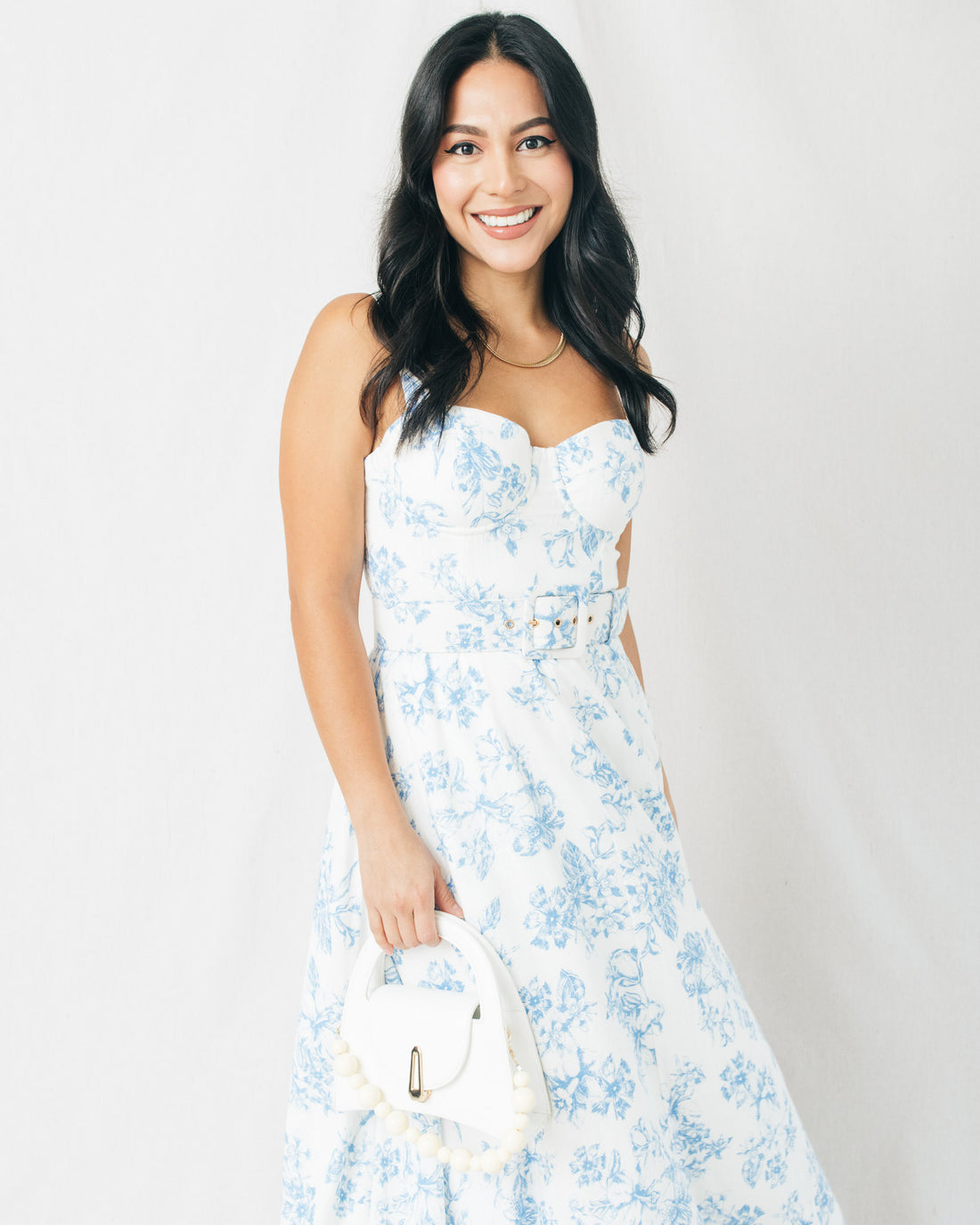 Abbie Floral Print Bustier Belted Midi Dress