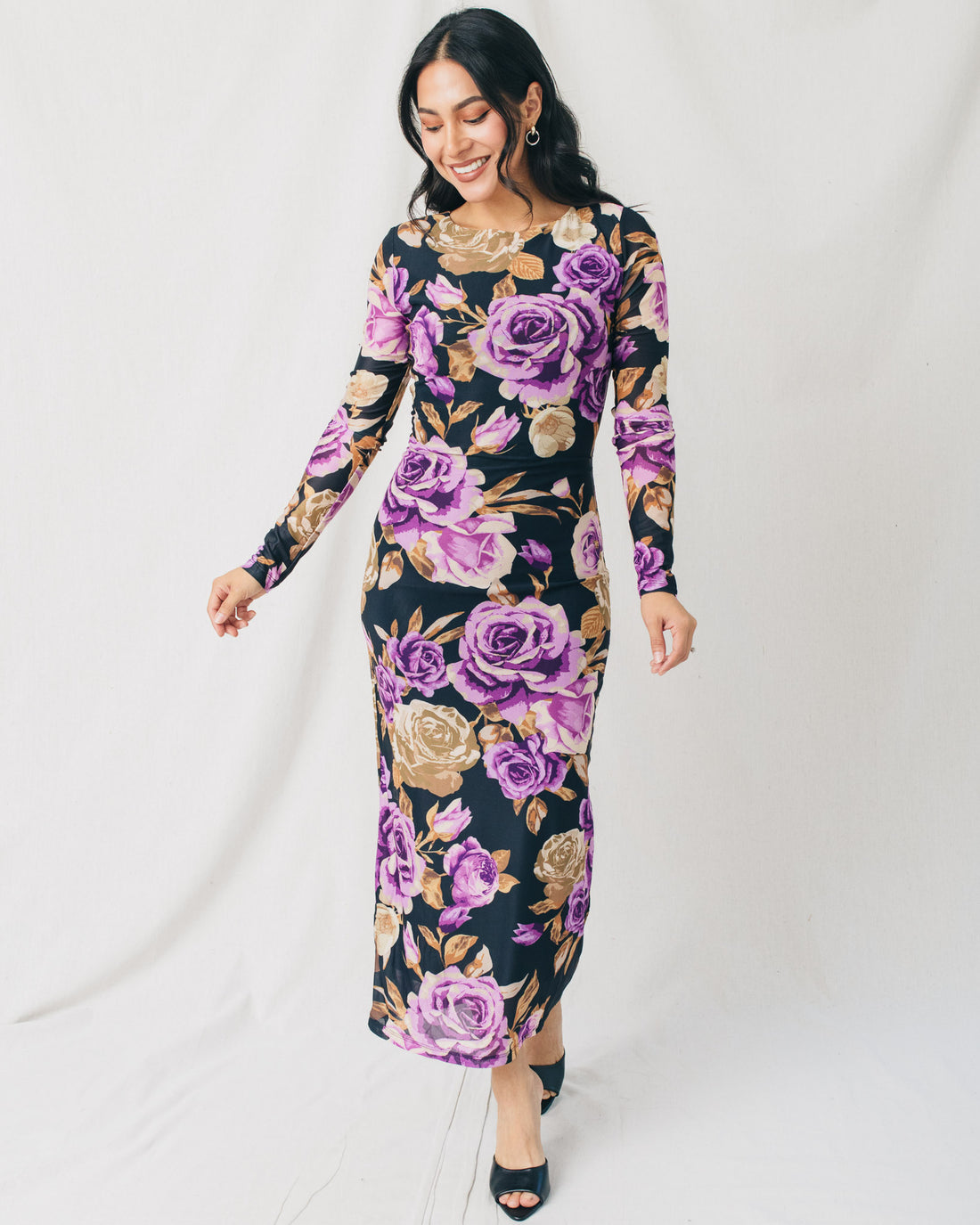 Stellar Round Neck Floral Mesh Midi Dress