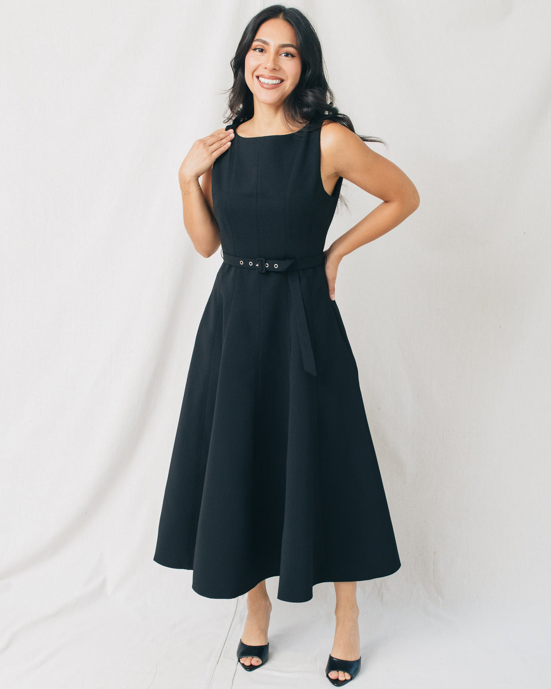 Yalova Boat Neck Belted Fit & Flare Midi Dress