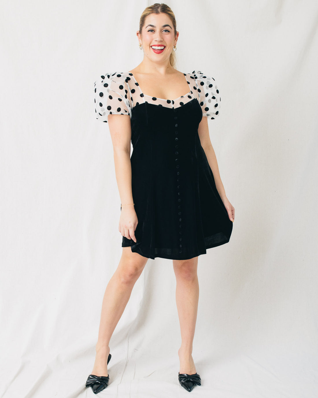 Elliana Velvet Faux Buttons Detail Mini Dress