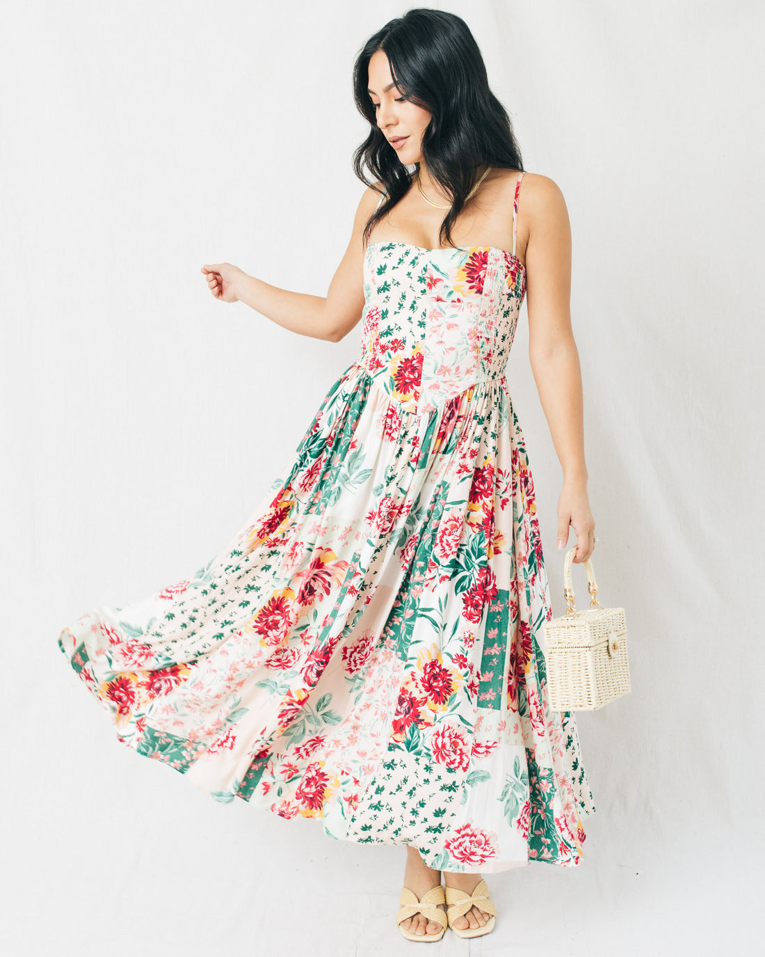 Ylissa Floral Patch Smocked Midi Dress