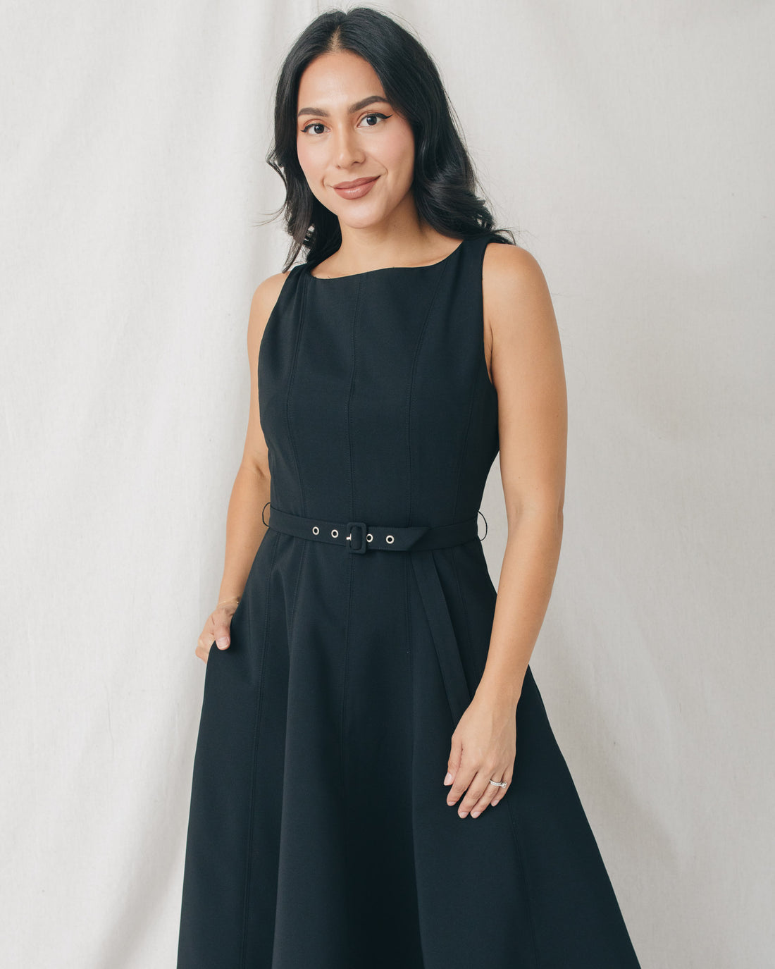 Yalova Boat Neck Belted Fit & Flare Midi Dress