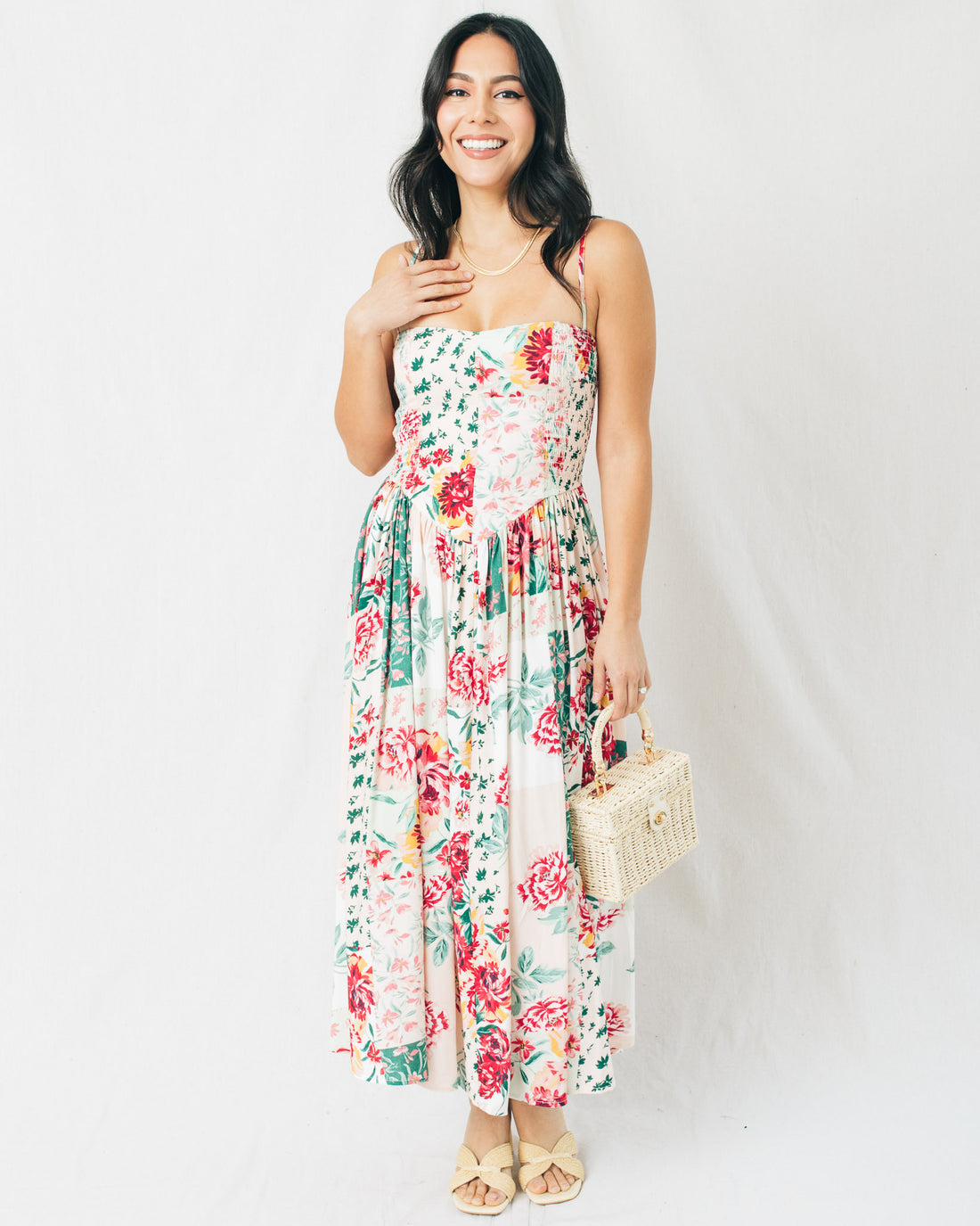 Ylissa Floral Patch Smocked Midi Dress