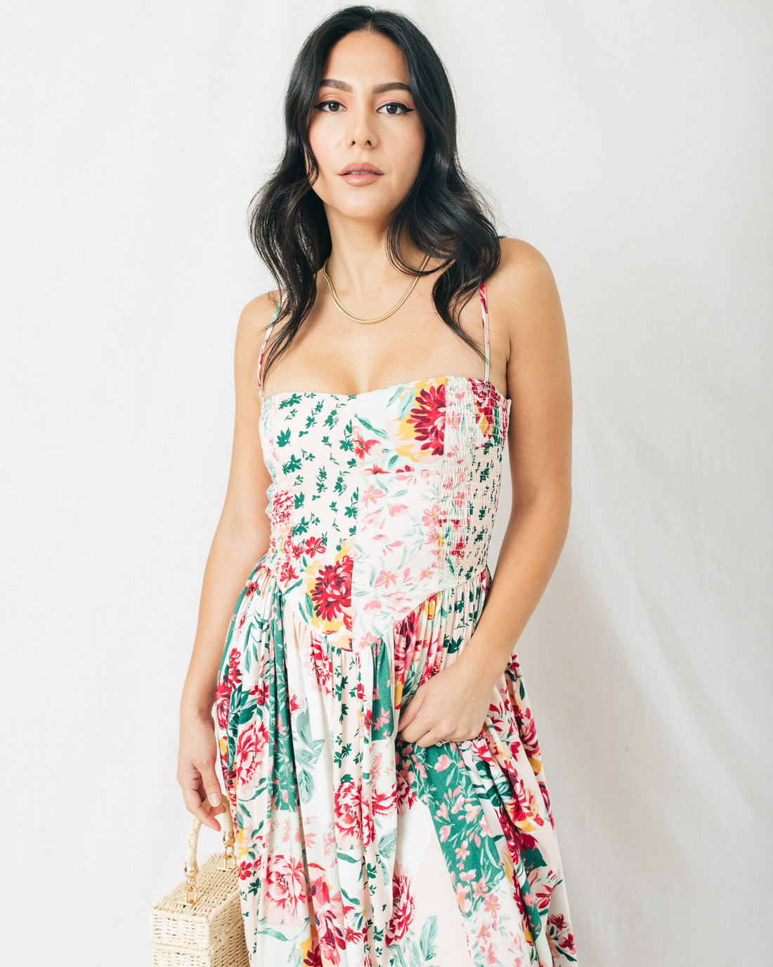 Ylissa Floral Patch Smocked Midi Dress