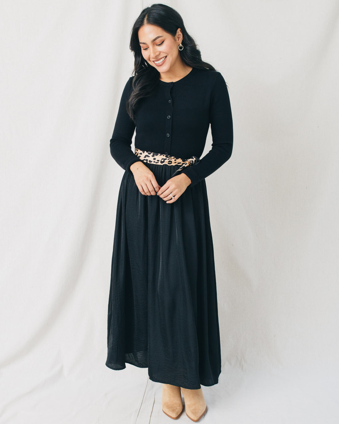 Kayla Button Down Mixed Media Midi Dress