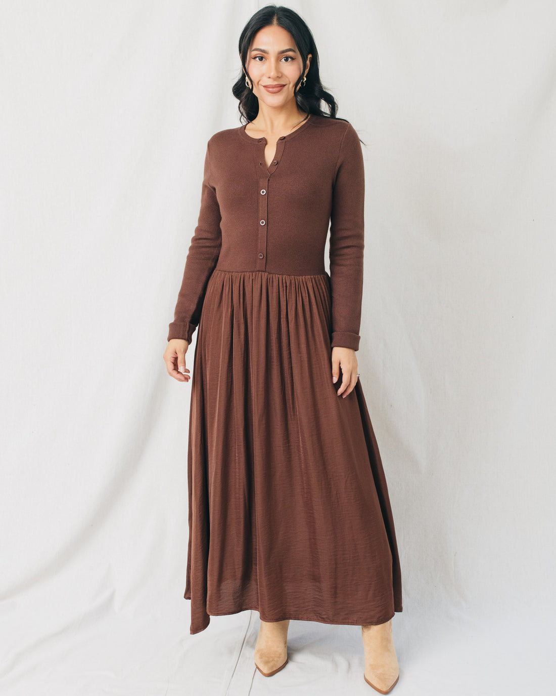Kayla Button Down Mixed Media Midi Dress