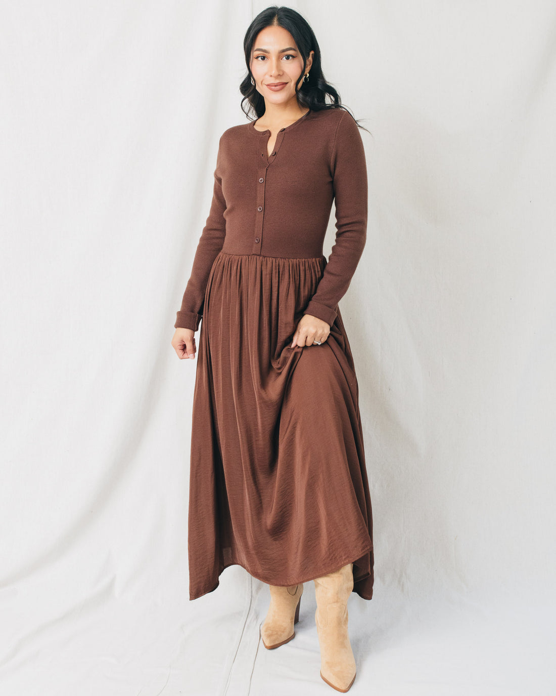 Kayla Button Down Mixed Media Midi Dress