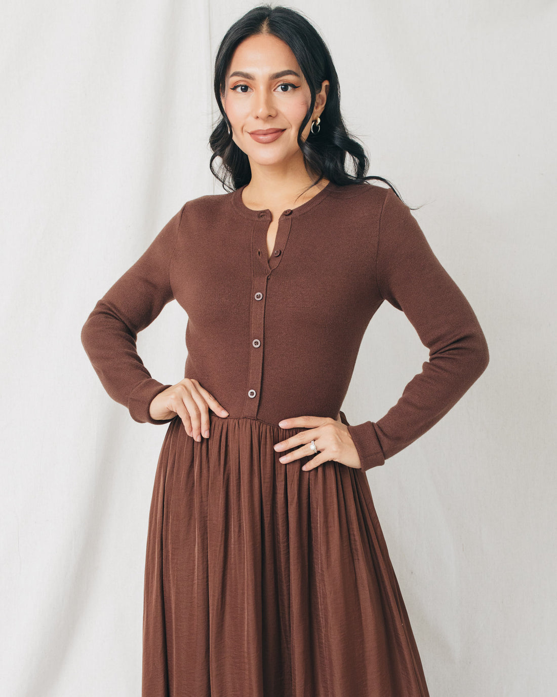 Kayla Button Down Mixed Media Midi Dress
