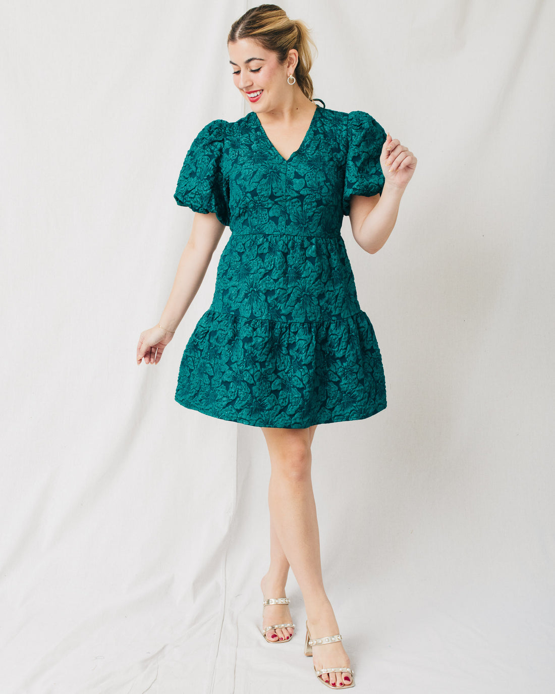 Russa May Floral Jacquard Tiered Mini Dress