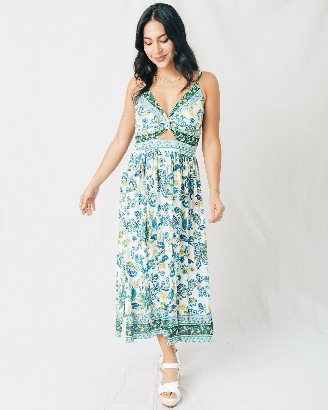 Angelina V-Neck Front Twist Printed Midi Dress