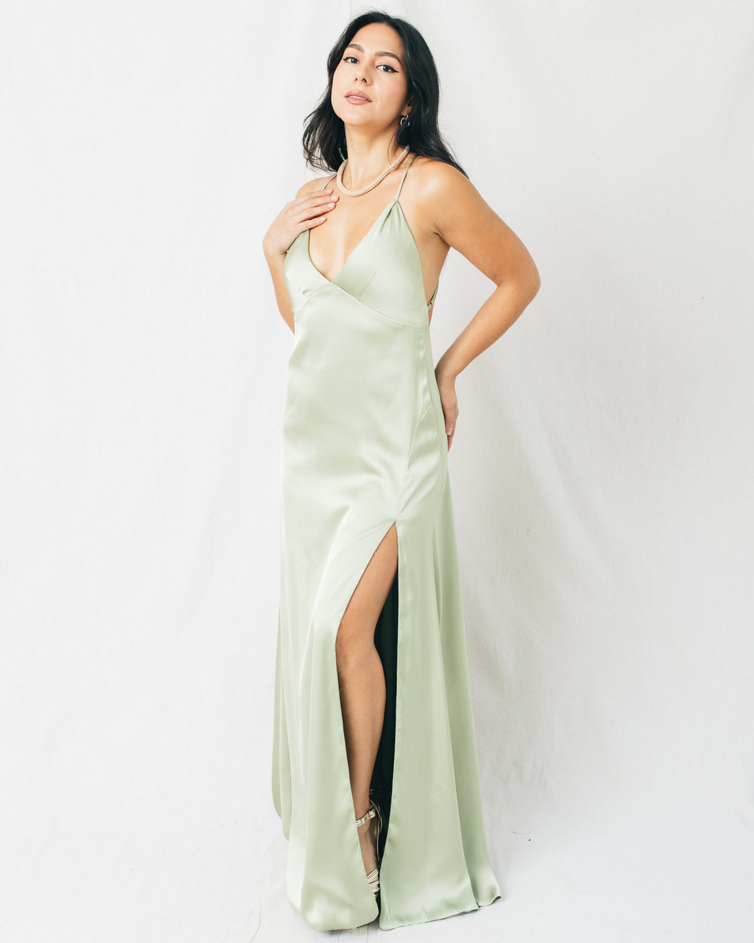 Alva Satin Open Back Plunging Maxi Dress