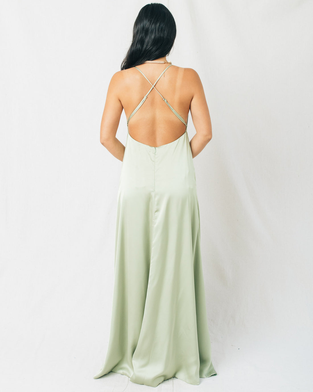 Alva Satin Open Back Plunging Maxi Dress