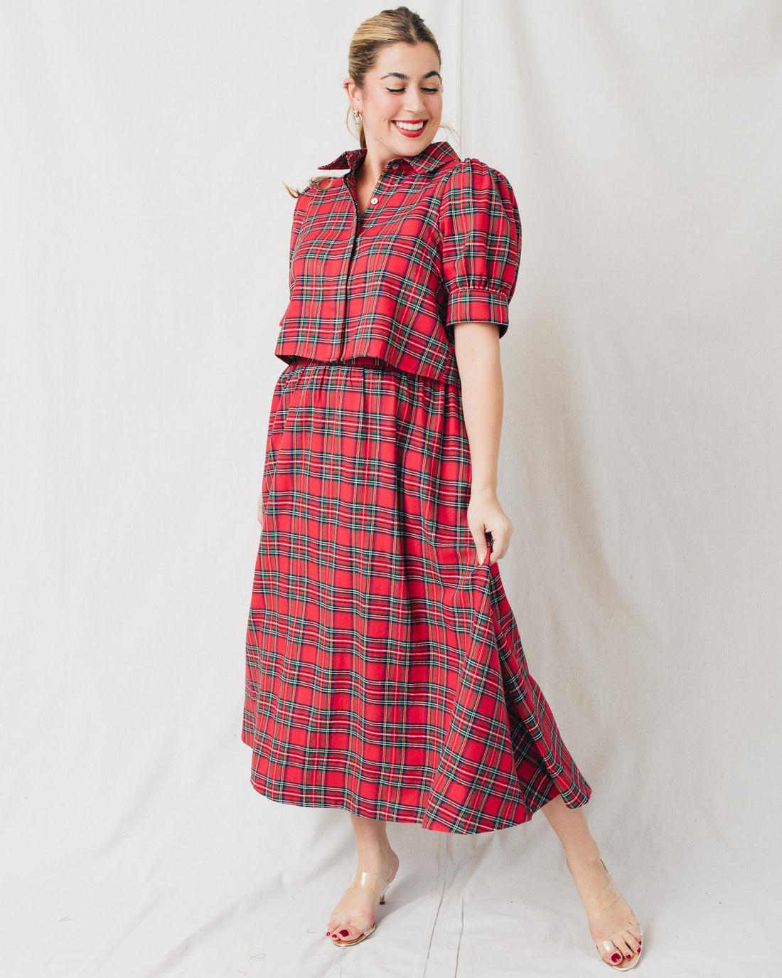 Holly Plaid Elastic Waistband Midi Skirt