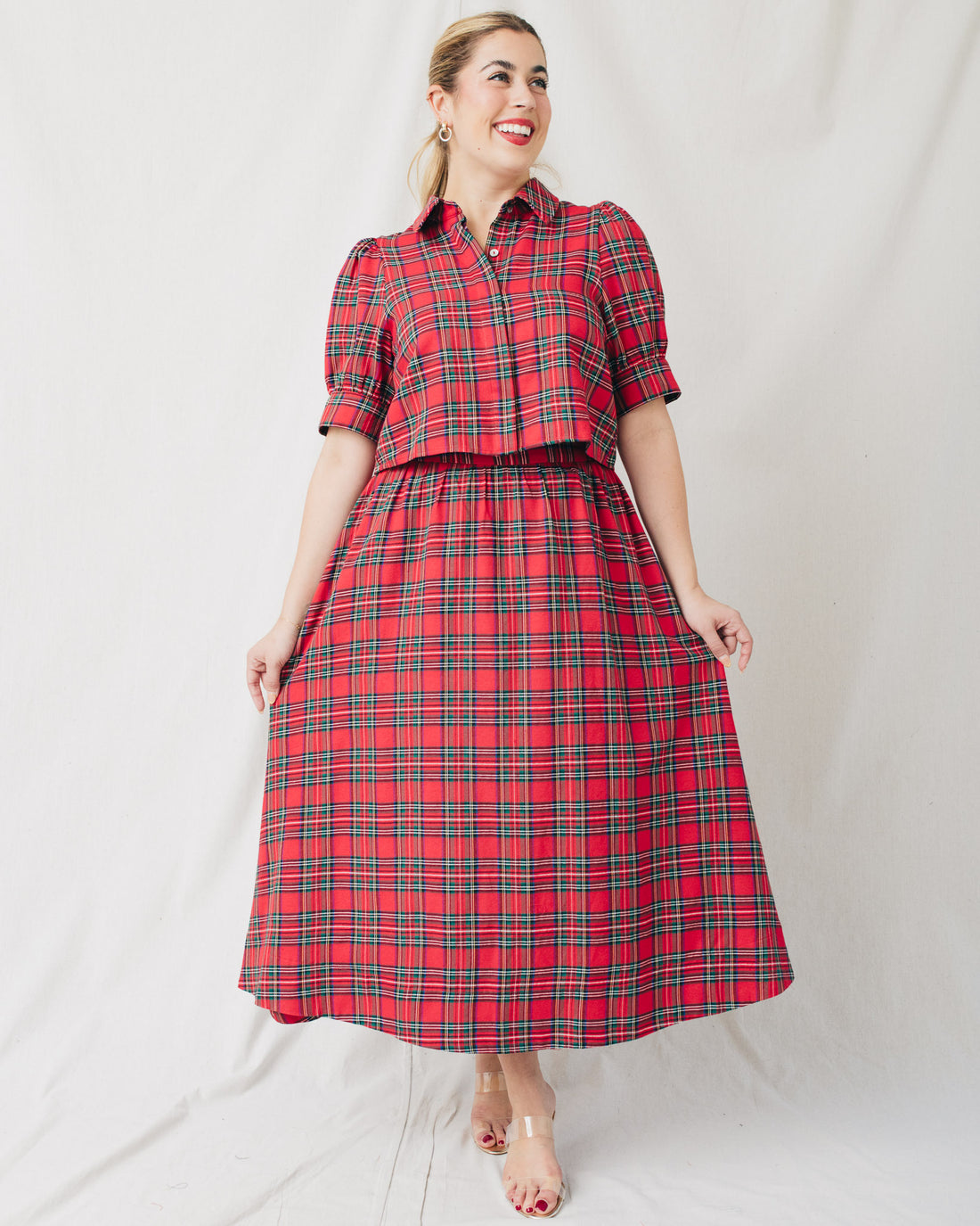 Holly Plaid Elastic Waistband Midi Skirt