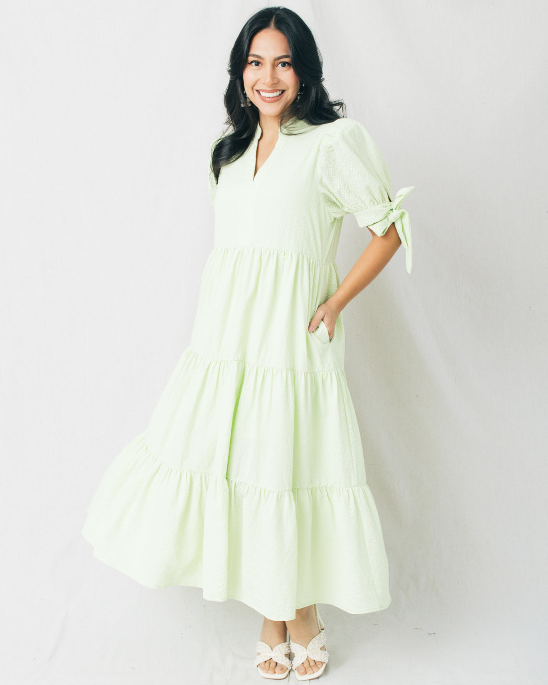 Lucy V-Split Neck Short Sleeve Tiered Midi Dress