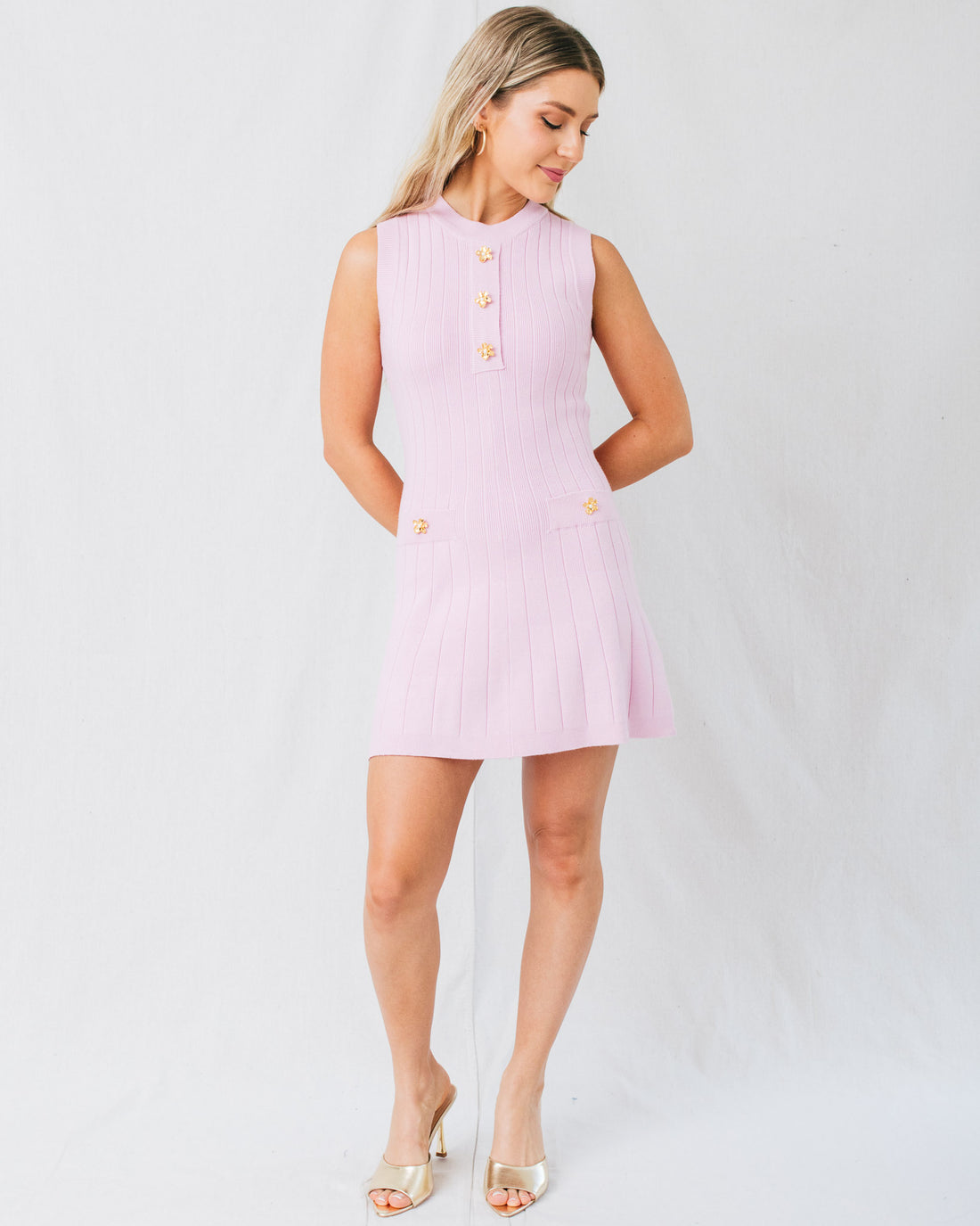 Carly Floral Button Details Ribbed Knit Mini Dress