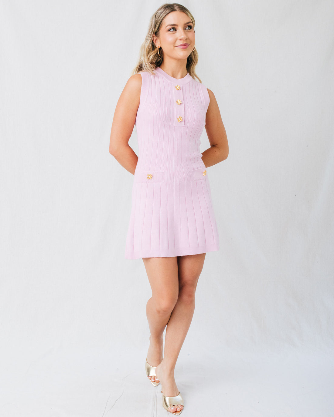 Carly Floral Button Details Ribbed Knit Mini Dress