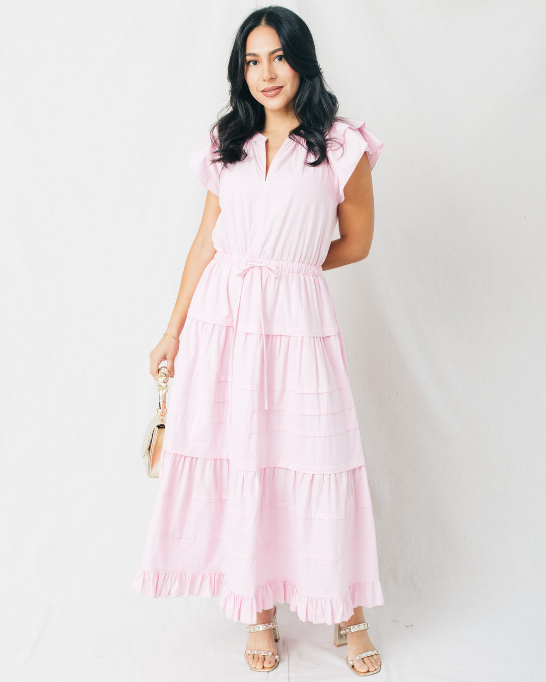 Chasity Flutter Sleeves Tiered Pintuck Maxi Dress