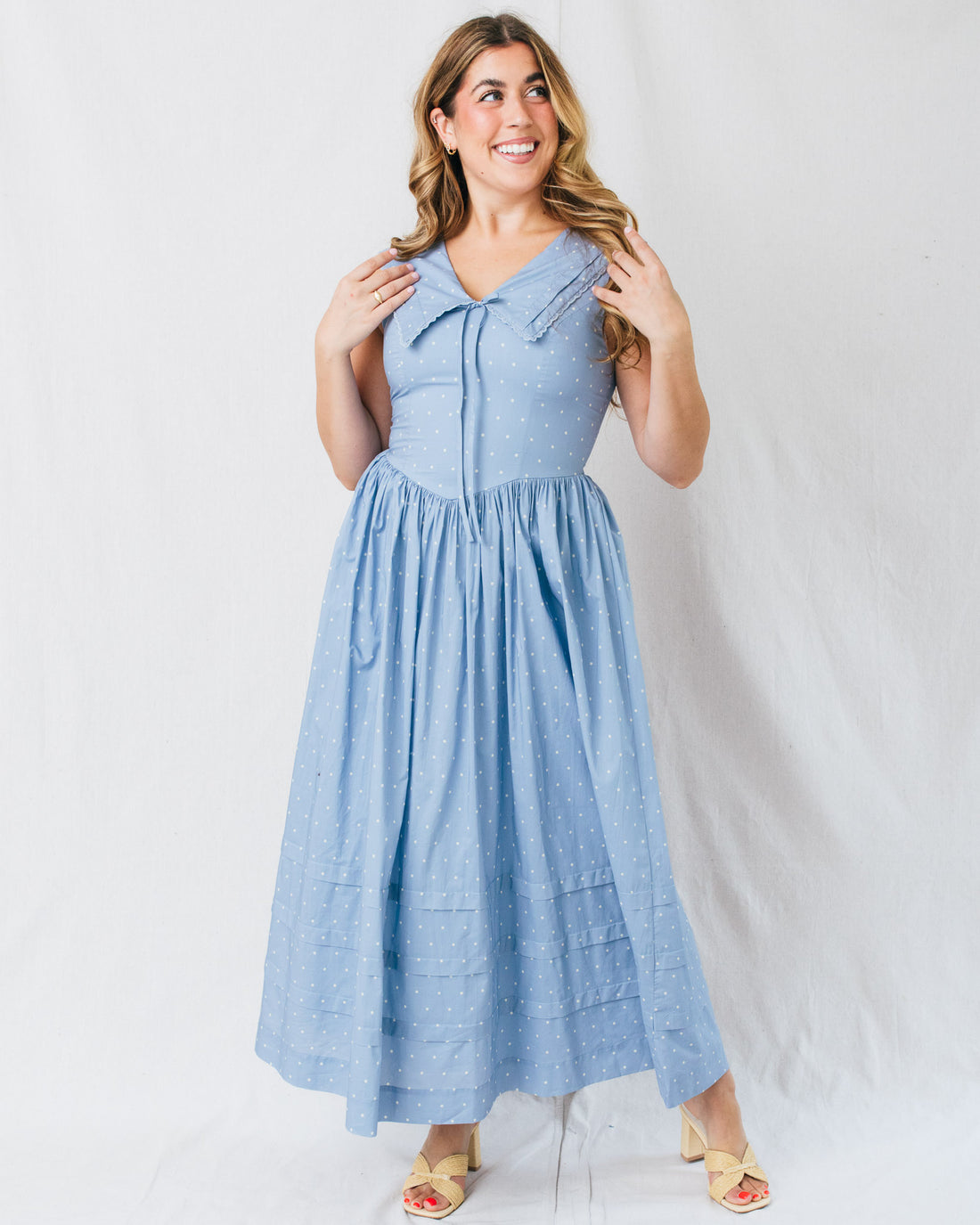 Briar Polka Dot Print Bib Collar Lace Trim Midi Dress