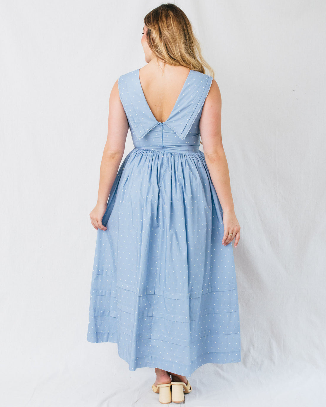 Briar Polka Dot Print Bib Collar Lace Trim Midi Dress