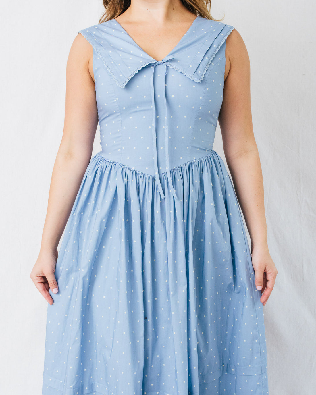 Briar Polka Dot Print Bib Collar Lace Trim Midi Dress