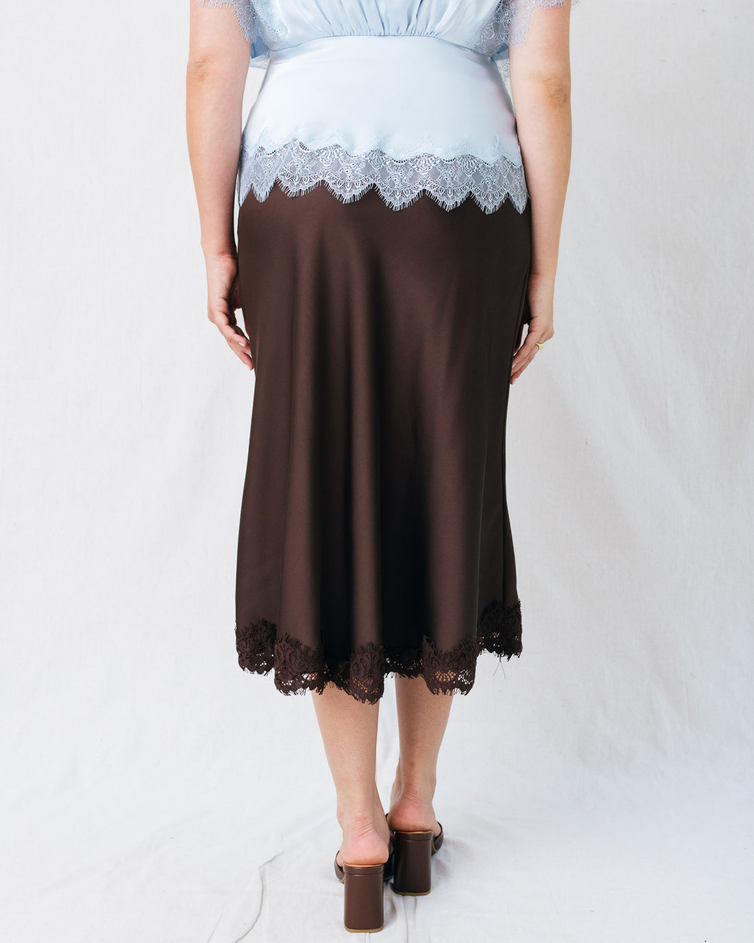 Hestia Bias Satin Slip Lace Hem Midi Skirt