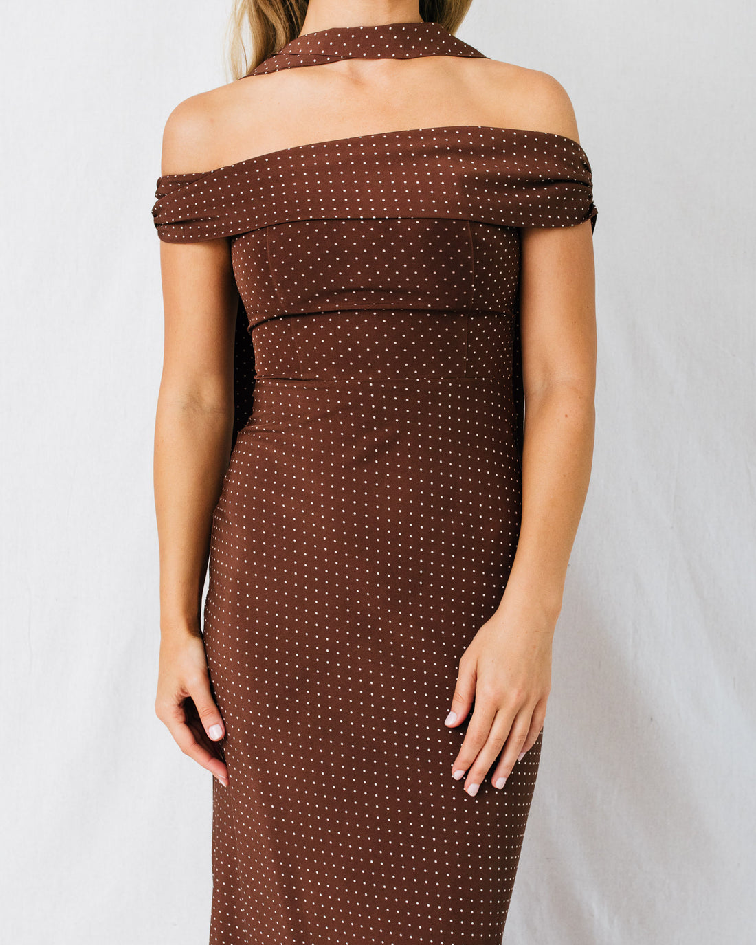 Tempest Micro Polka Dot Off Shoulder Maxi Dress