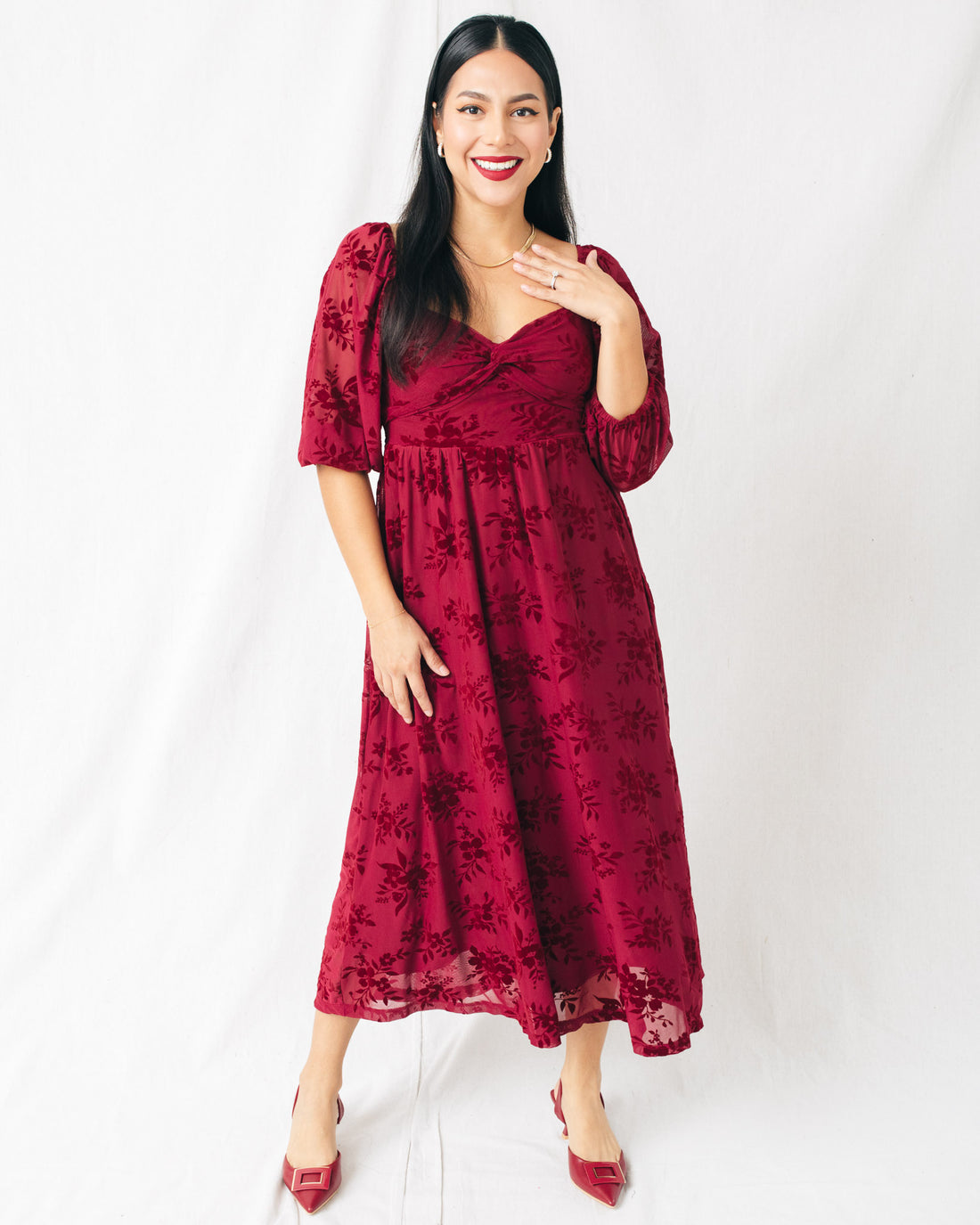 Feliciana Twist Front Burnout Velvet Midi Dress