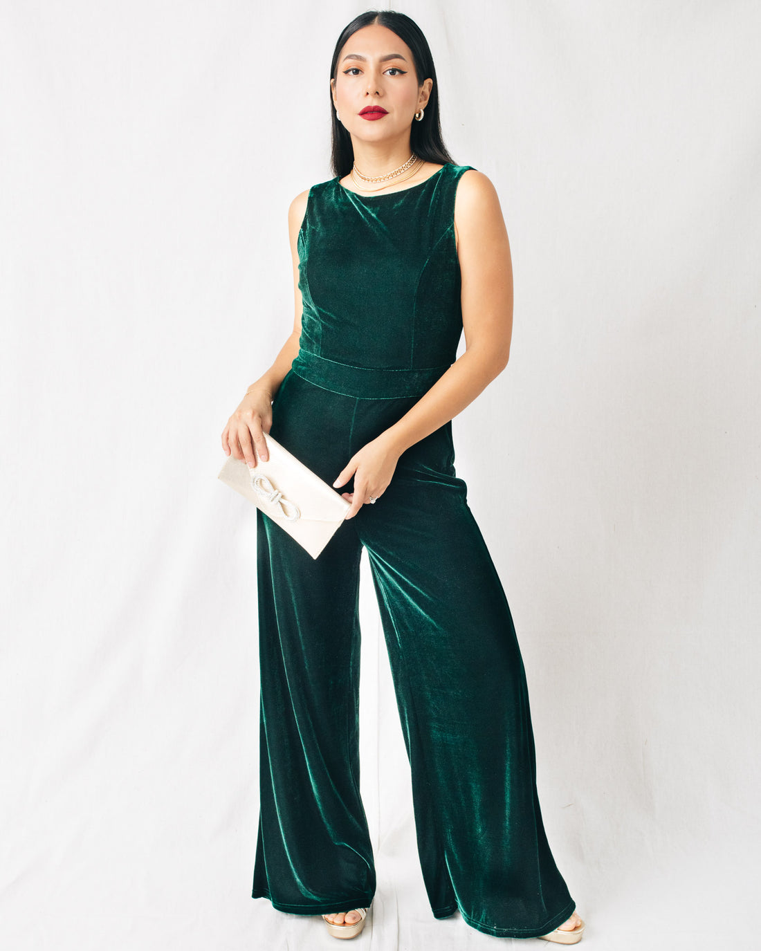 The Season Boat Neck Sleeveless Wide Leg Velvet Jumpsuit