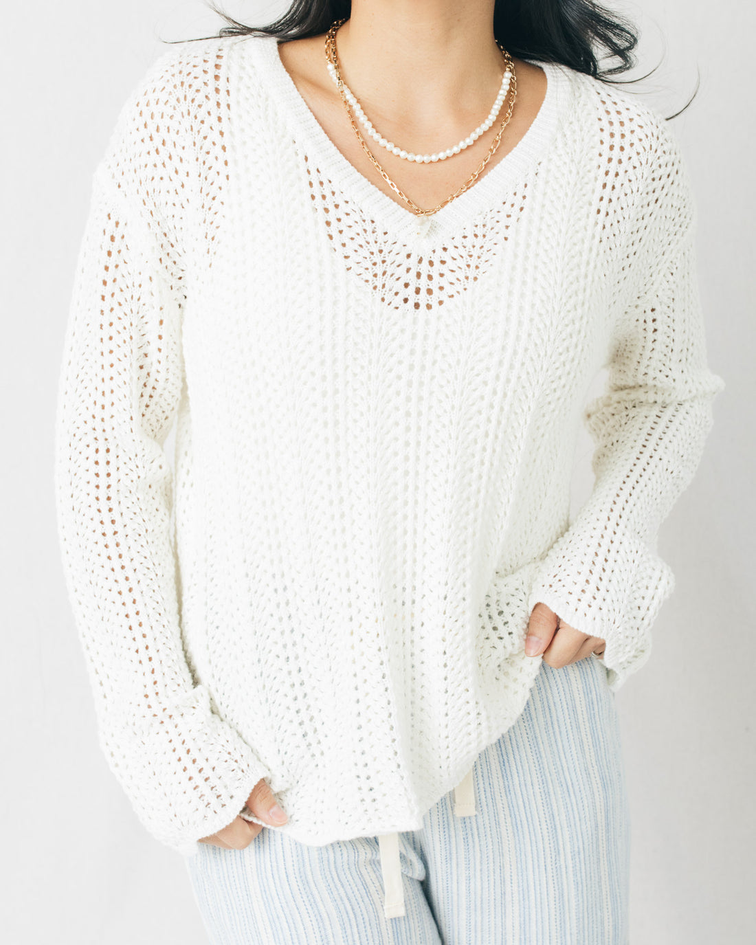 Marina Crochet Knit V-Neck Boxy Sweater