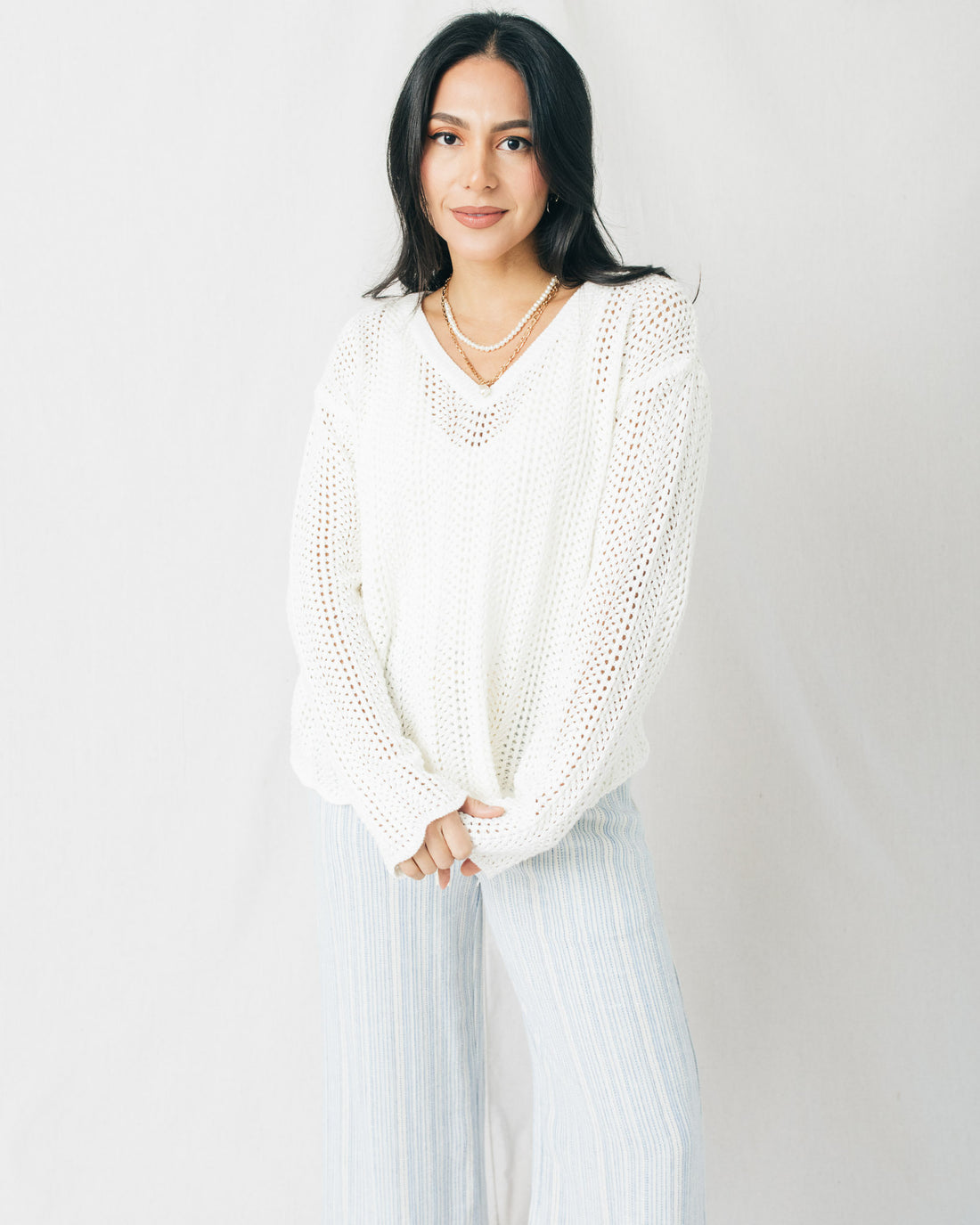 Marina Crochet Knit V-Neck Boxy Sweater