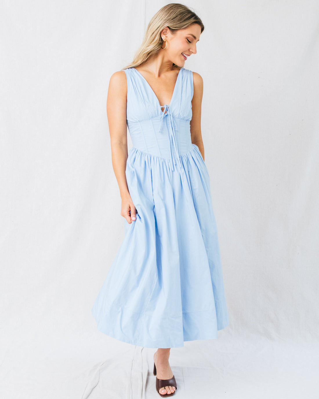 Shae Corset Bodice Bow Tie Detail Midi Dress