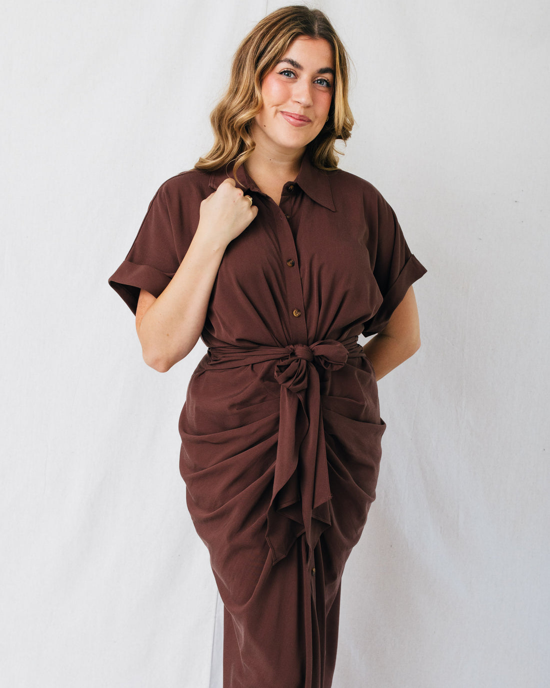 Daya Button Down Front Tie Midi Dress