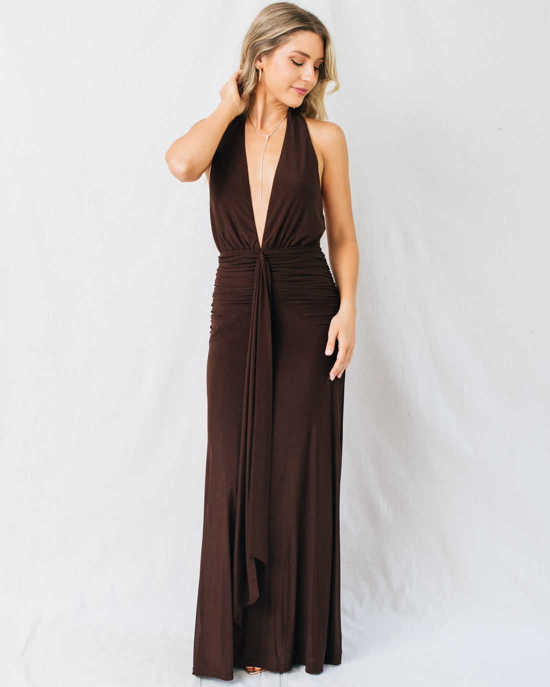 Espresso Deep V-Neck Maxi Dress