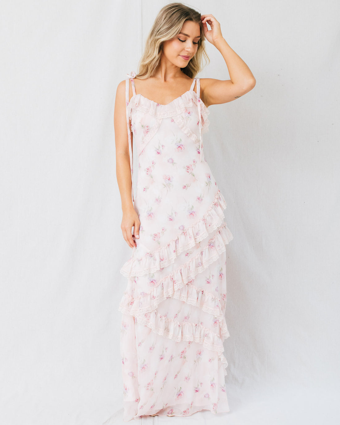 Eulalie Floral Print Asymmetrical Ruffle Tiered Maxi Dress