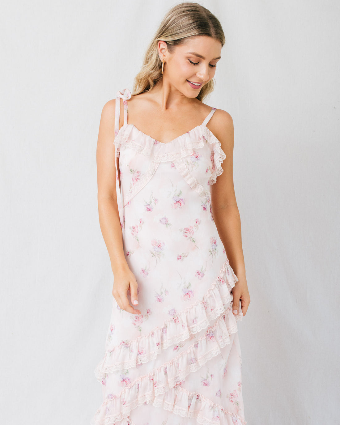 Eulalie Floral Print Asymmetrical Ruffle Tiered Maxi Dress